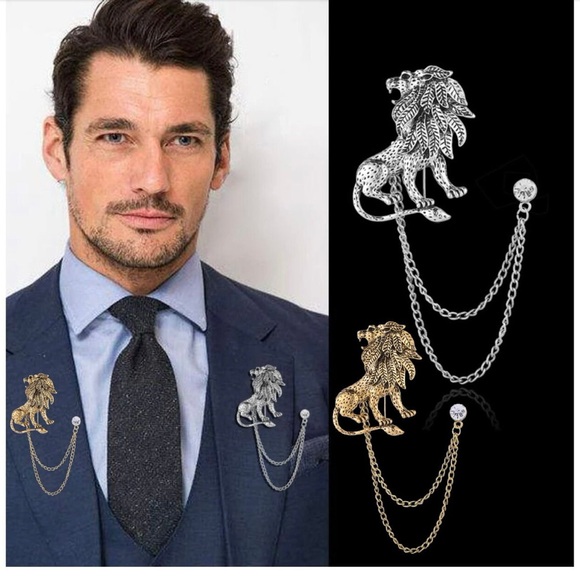 Crystal Lion Brooch Animal Tassel Chain Lapel Pins For Men - Picture 1 of 5